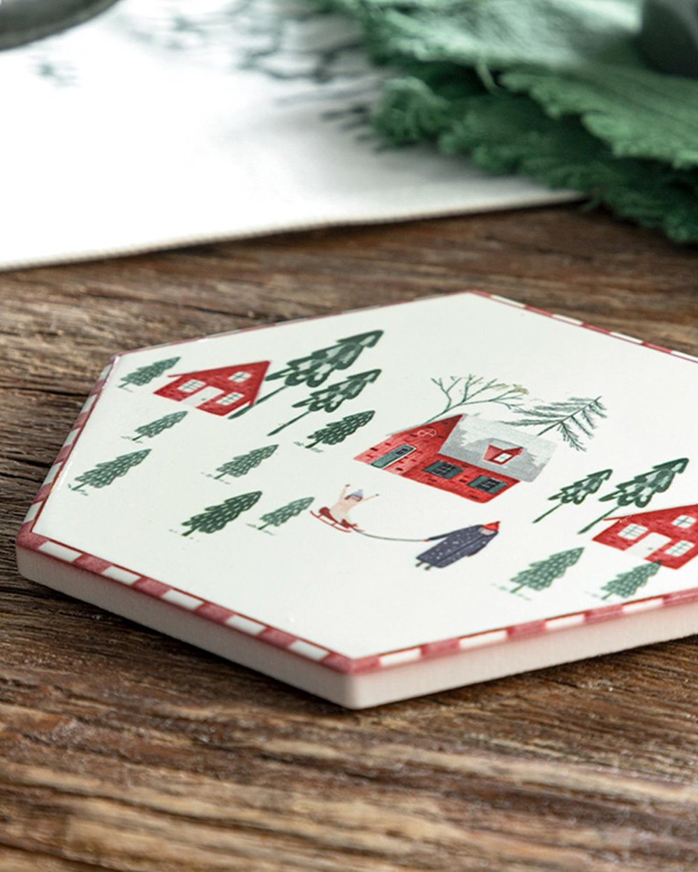 Winter Landscape Ceramic Coaster 11 cm Red