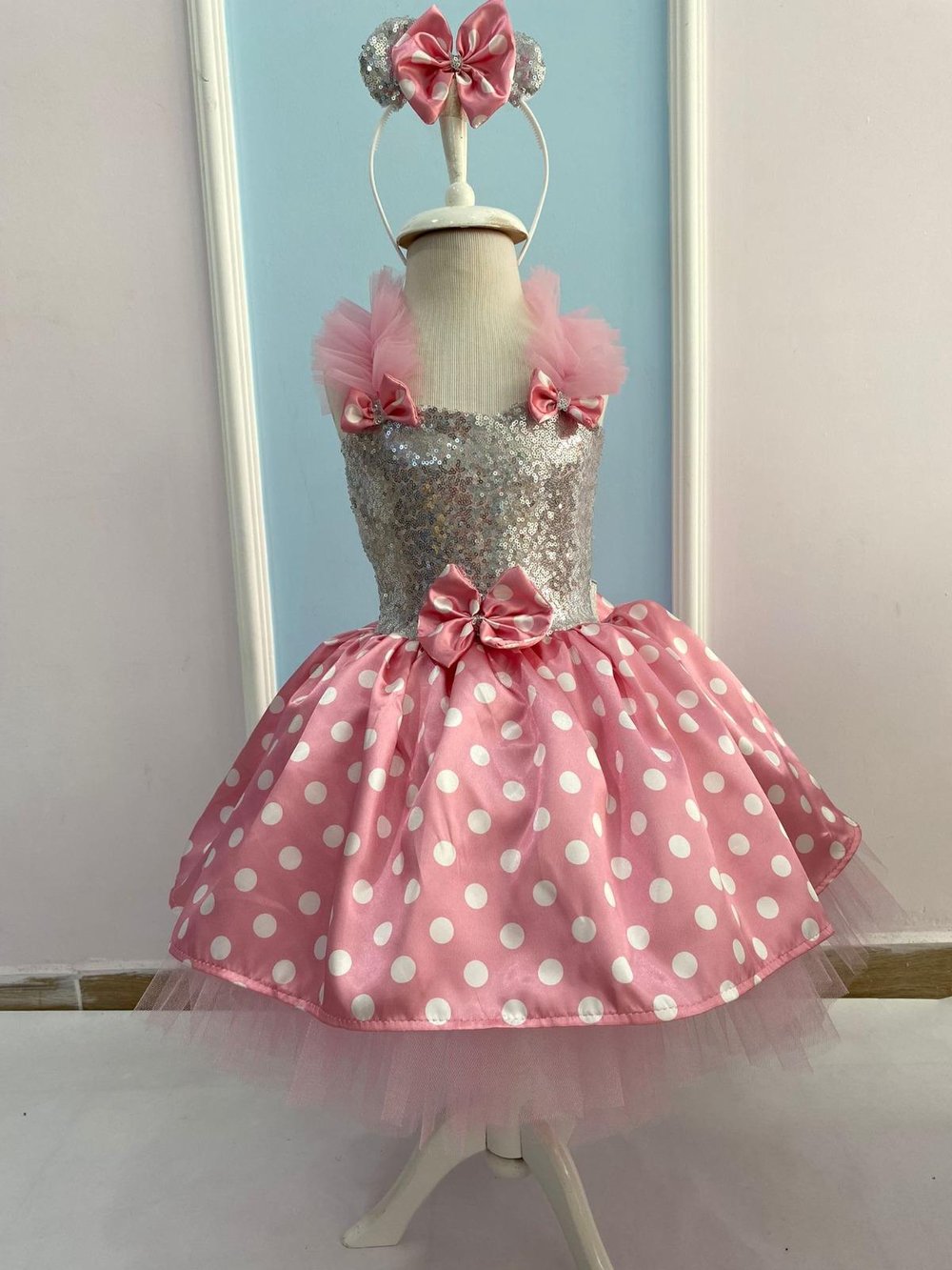 2-3 Yaş Minnie Mouse Pembe Beyaz Kostüm Elbise