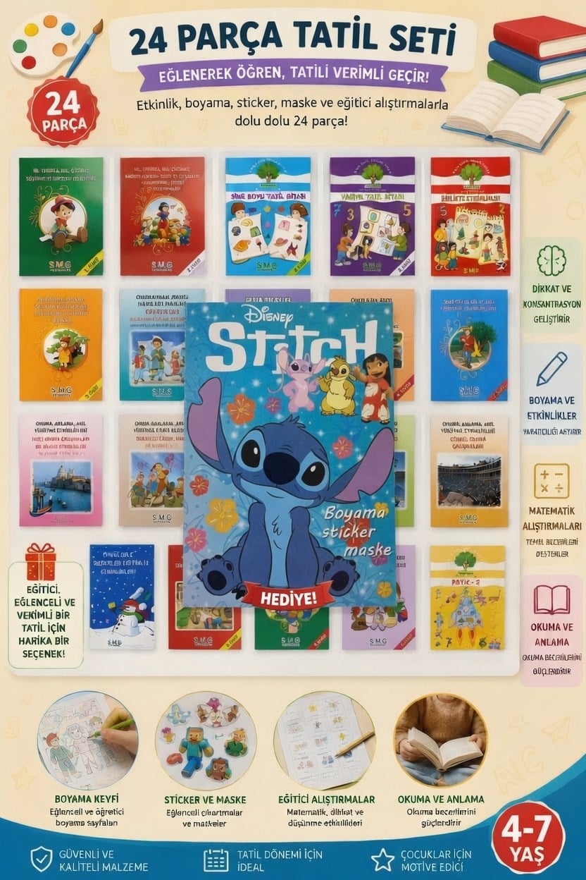 24 lü Tatil Seti Etkinlik-kavram-Boyama-Dikkat-matematik 4-7 yaş + stitch maske boyama stickers