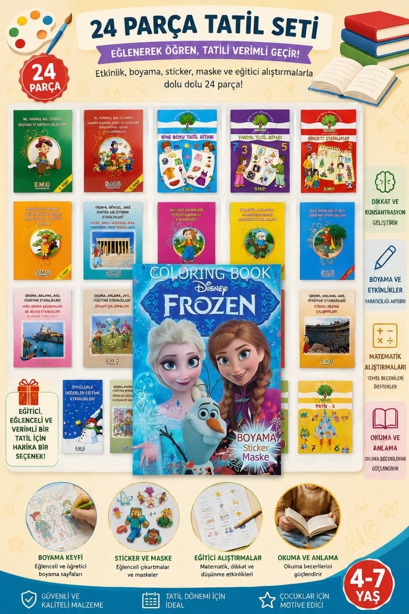 24 lü Tatil Seti Etkinlik-kavram-Boyama-Dikkat-matematik 4-7 yaş + Frozen maske boyama stickers