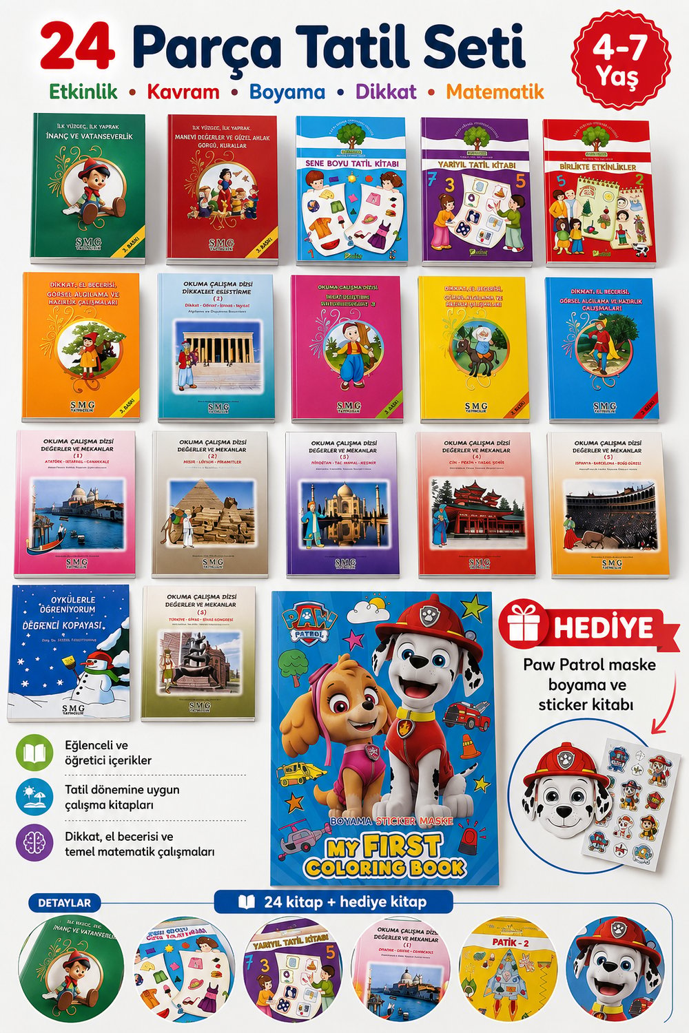 24'lü Tatil Seti Etkinlik Kavram Boyama Dikkat Matematik 4-7 Yaş Paw Patrol Hediyeli