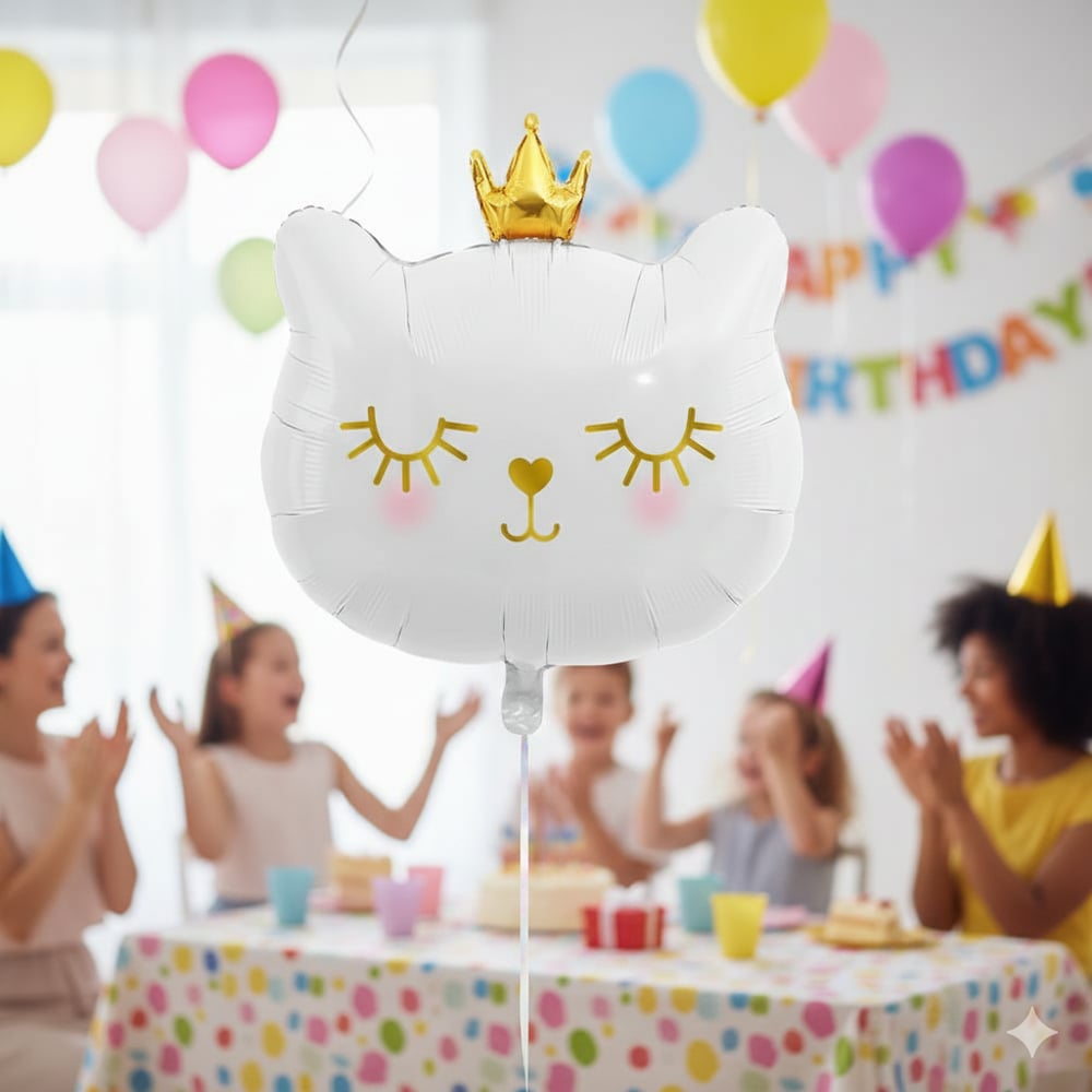 30 İnç Beyaz Kedi Kafası Taçlı Folyo Balon - Doğum Günü Parti Dekorasyon Balonu