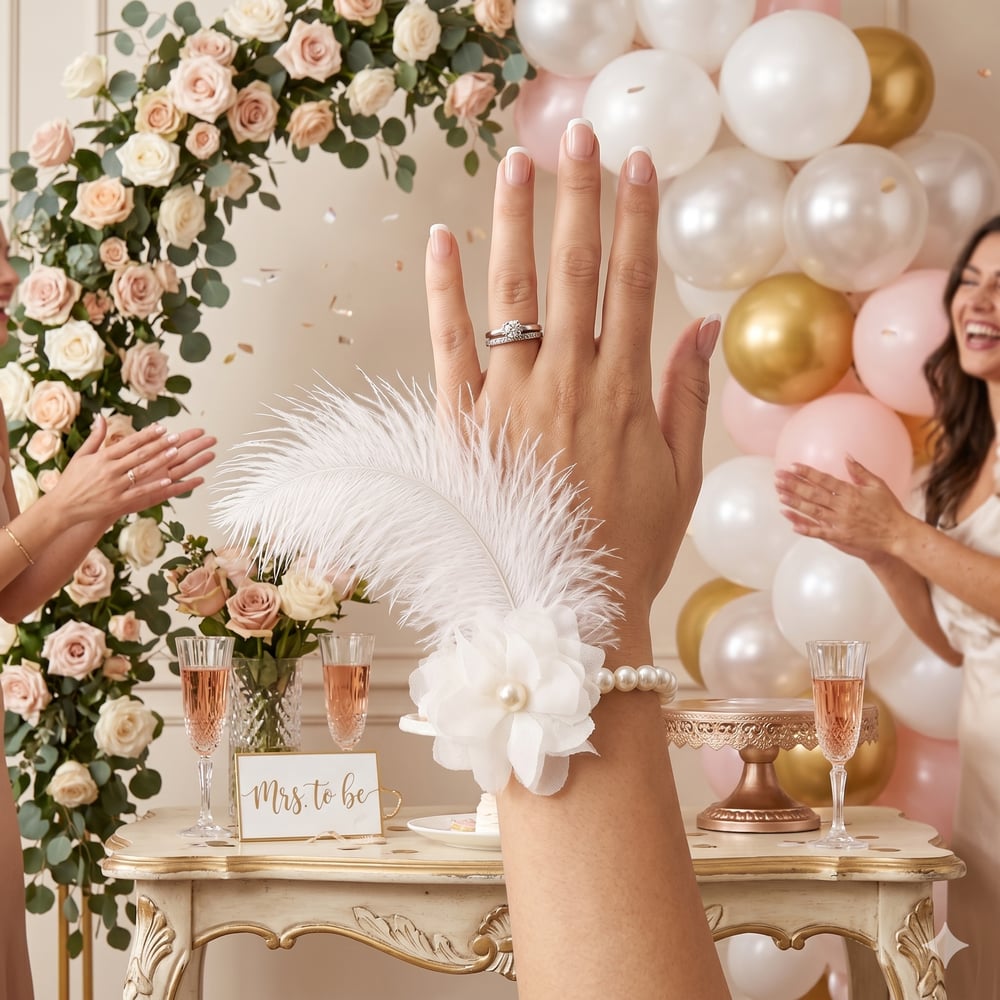Bride İncili kurdele Çiçekli Tüylü Beyaz Bileklik