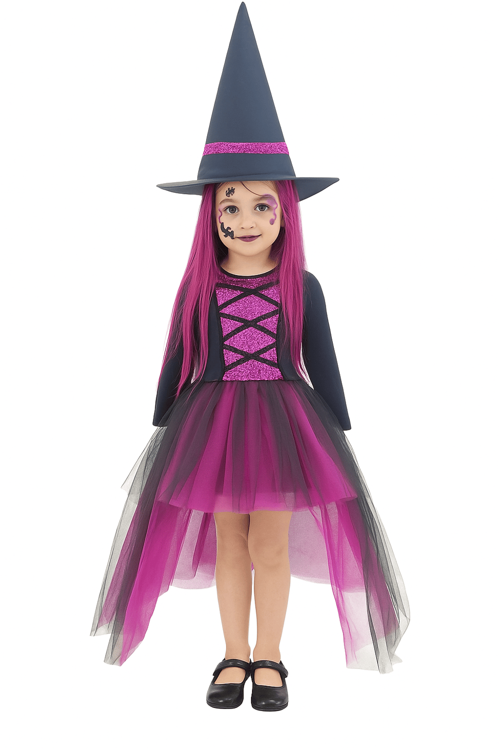 Cadılar Bayramı Halloween Fuşya-Siyah 4-5 Yaş Şapkalı Cadı Kız Çocuk Kostümü