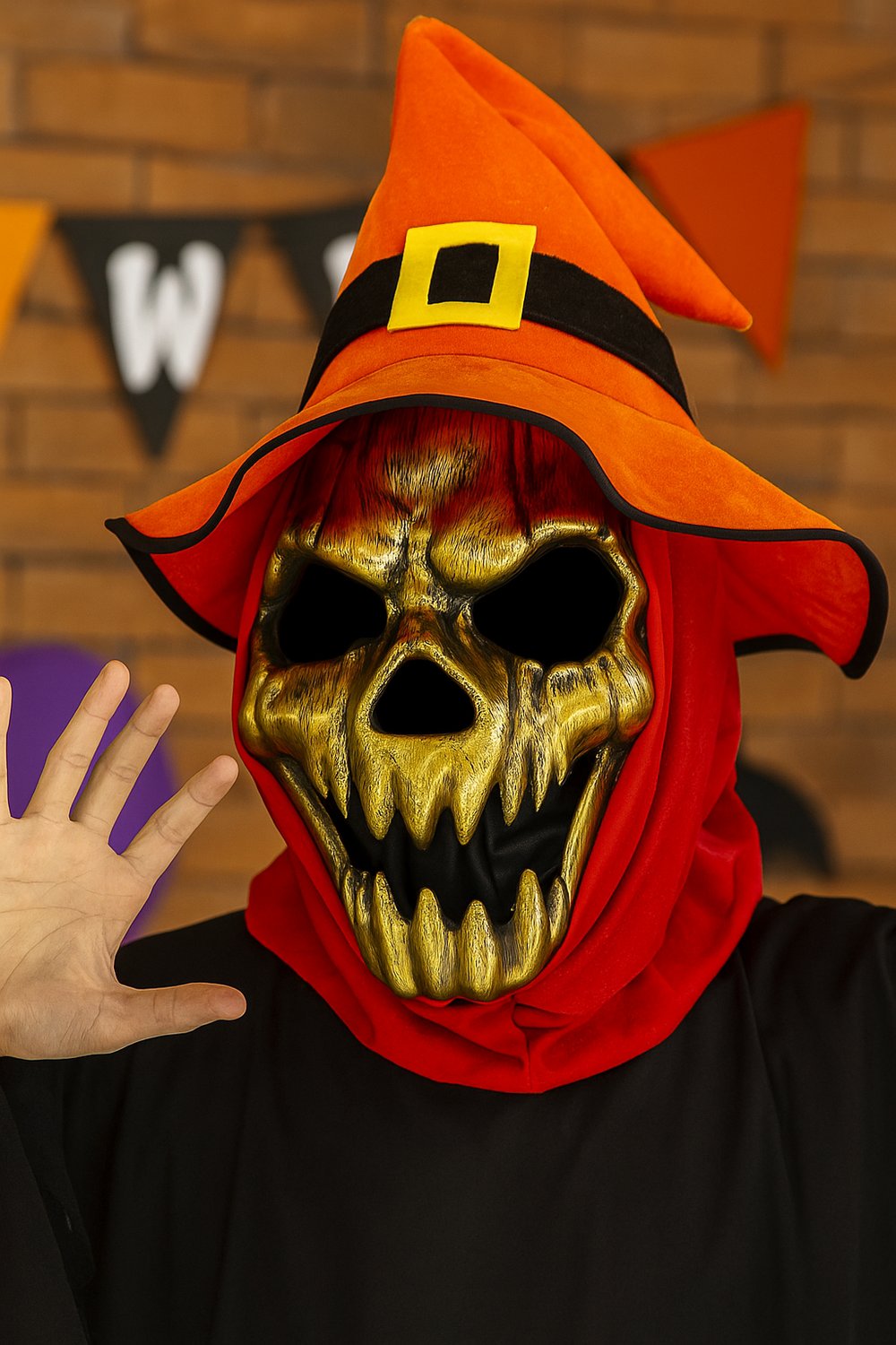 Cadılar Bayramı Halloween Maske Plastik İskelet Altın rengi arkası tüllü Korku Maskesi