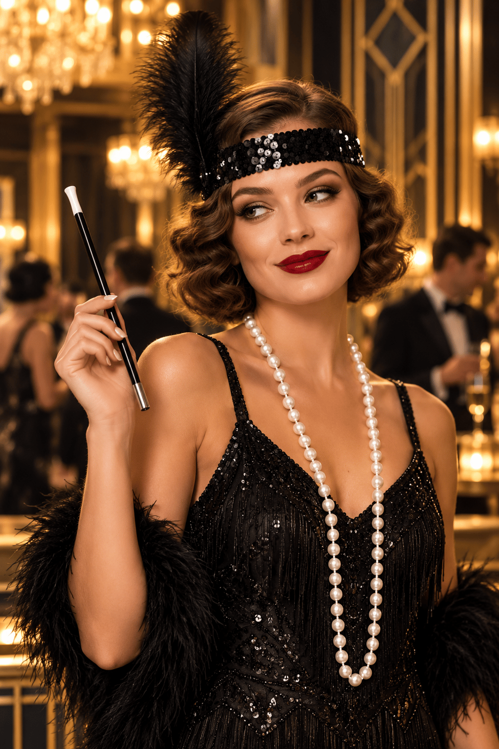 Charleston Kostüm Aksesuar Seti Payetli Saç Bandı İnci Kolye ve Ağızlık 1920’ler Gatsby