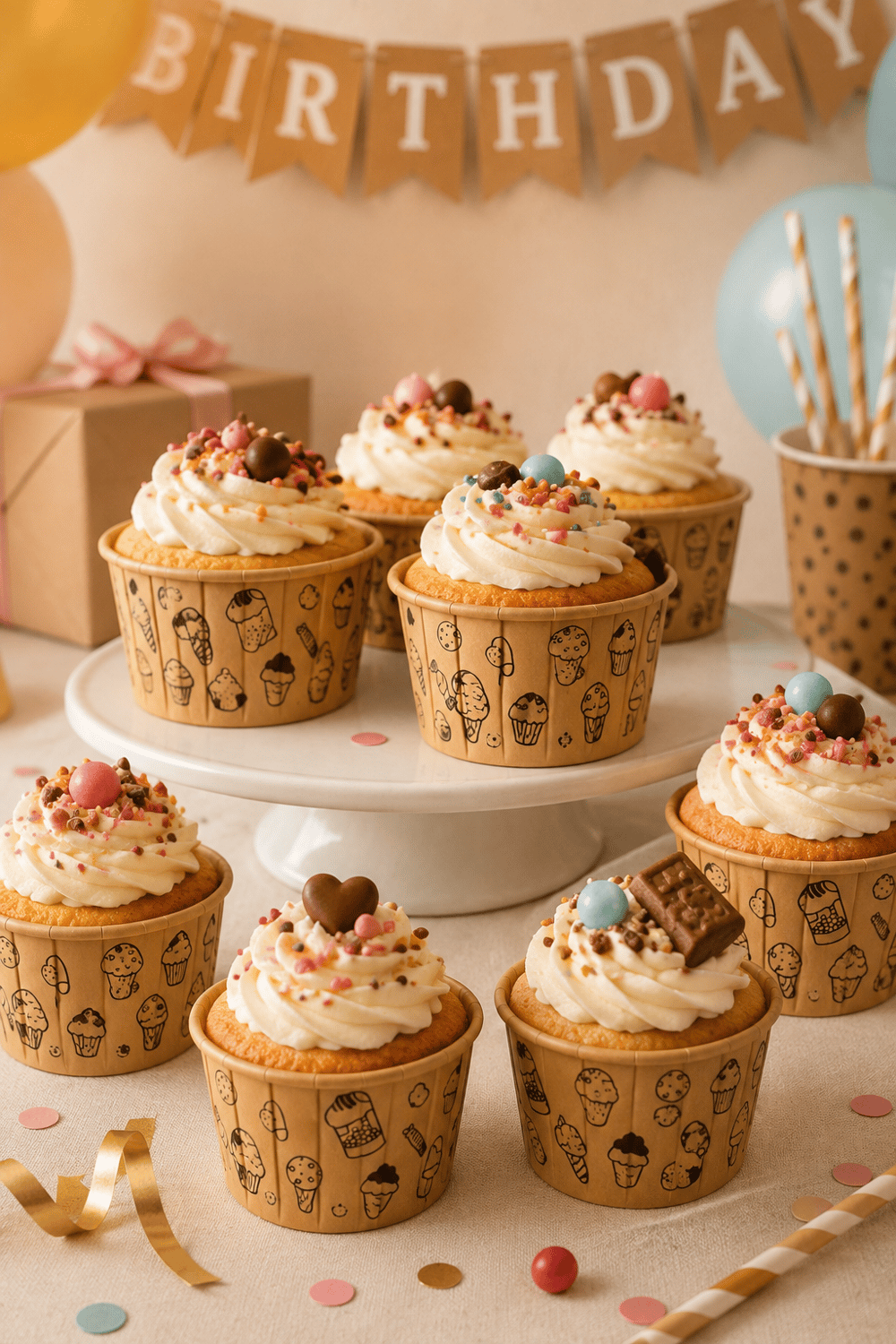 Cupcake Kapsülü 24lü Kraft Şekerleme Desenli Lamineli Asetat Kutulu