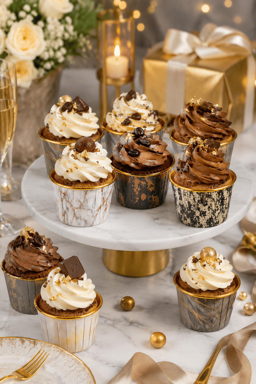Cupcake Kapsülü 24'lü Mermer Densenli Gold Varaklı asetat kutulu