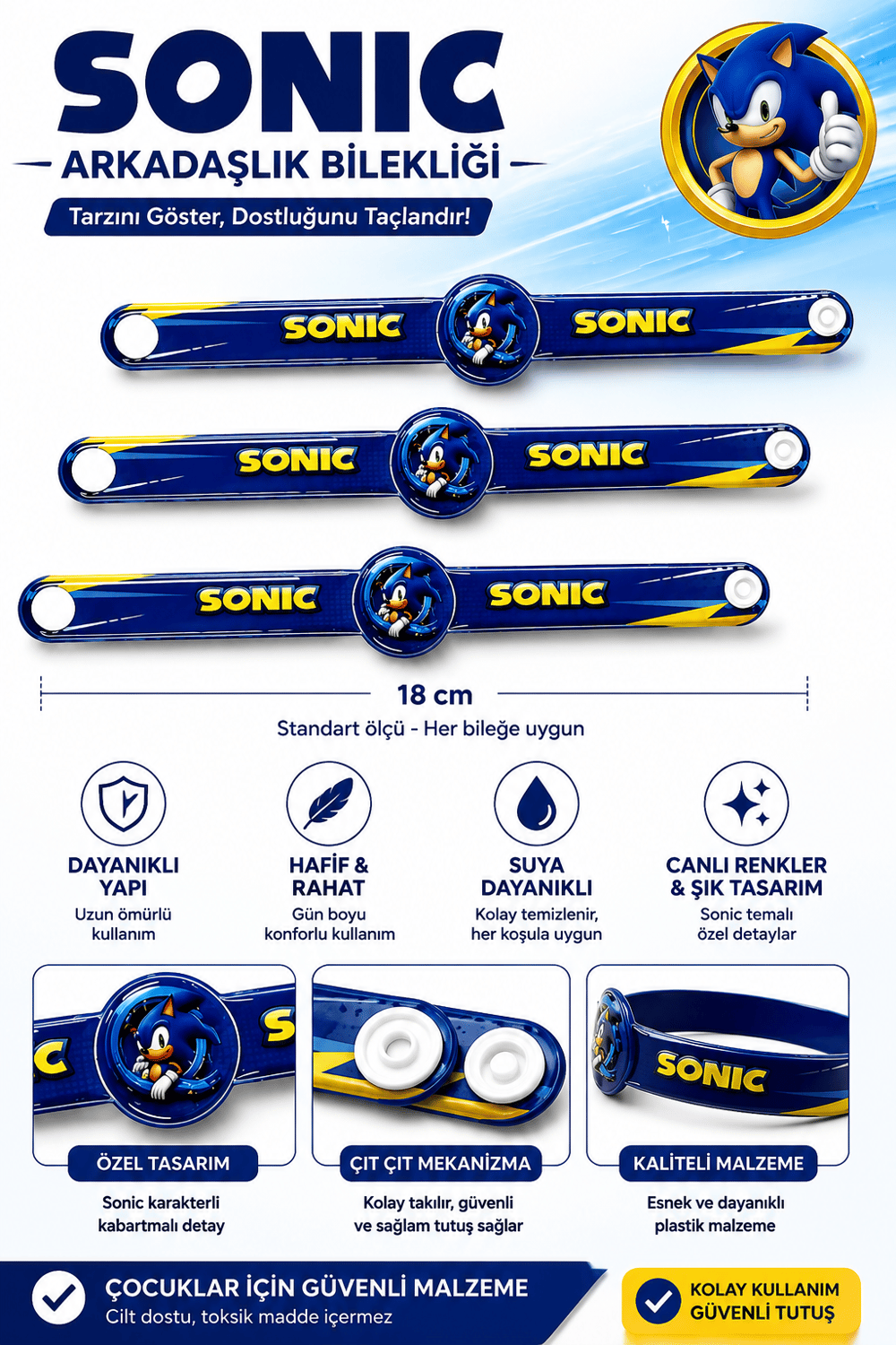 Deri bileklik SONİC 3 lü çıtçıtlı 18 cm
