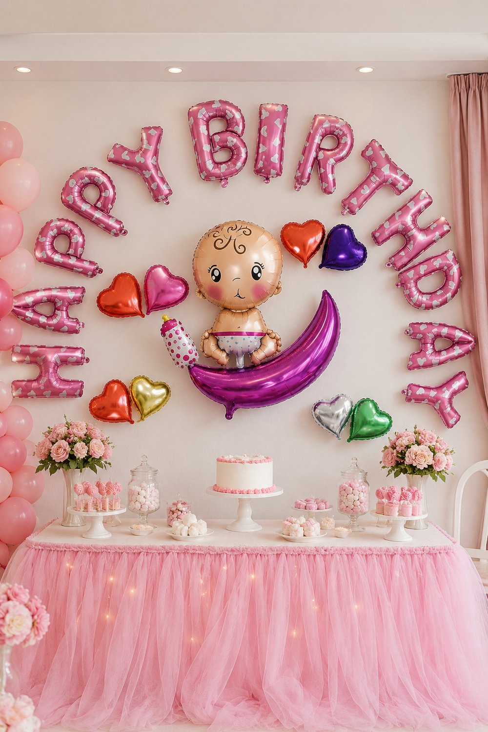 Folyo Balon Happy Birthday PEMBE Bebekli Kalpli 320x40cm