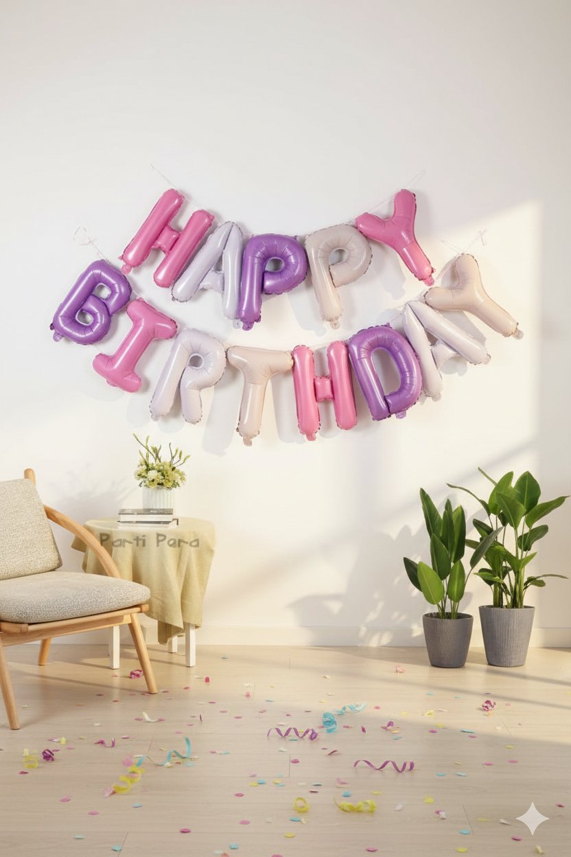 Folyo Balon Happy Birthday Pembe Mor Harf  Balon Set 35 cm