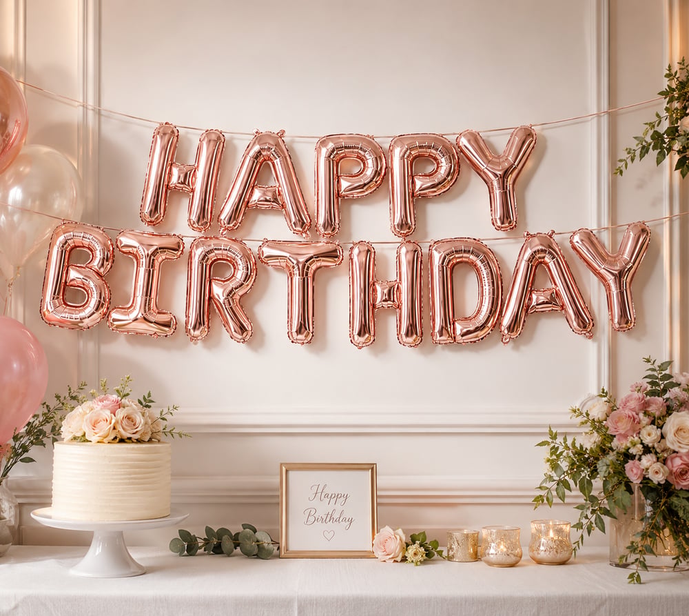 Folyo Balon Happy Birthday Yazı Rosegold set 13 harf ipli