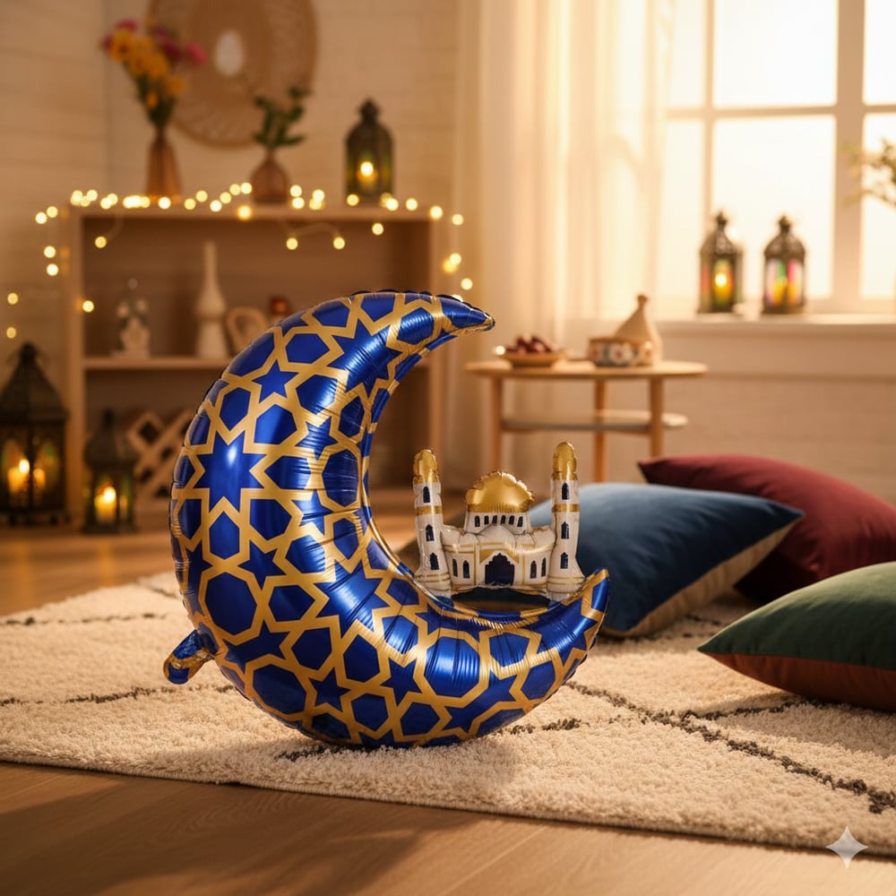 Folyo Balon Mavi Gold Desenli Cami Figürlü Hilal 65x63