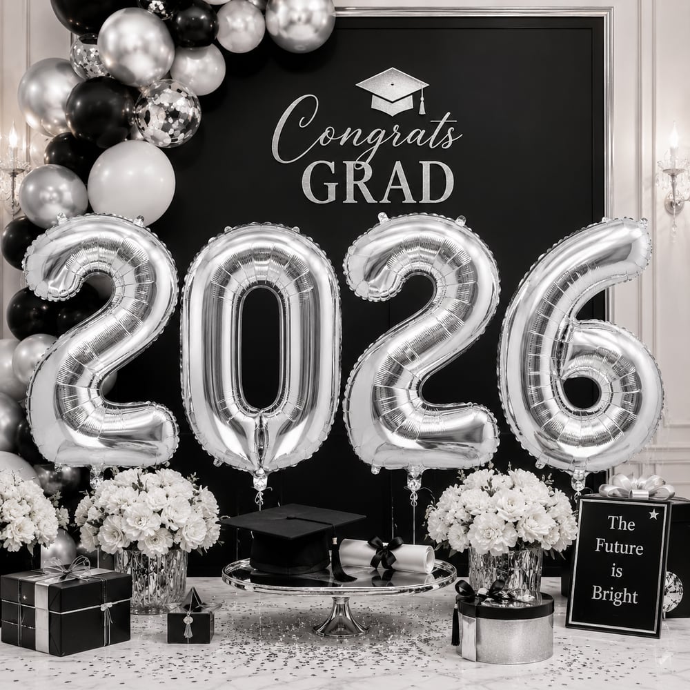 Folyo Balon Mezuniyet 2026 Gümüş-Silver set 40 inç 100 cm 4 rakam