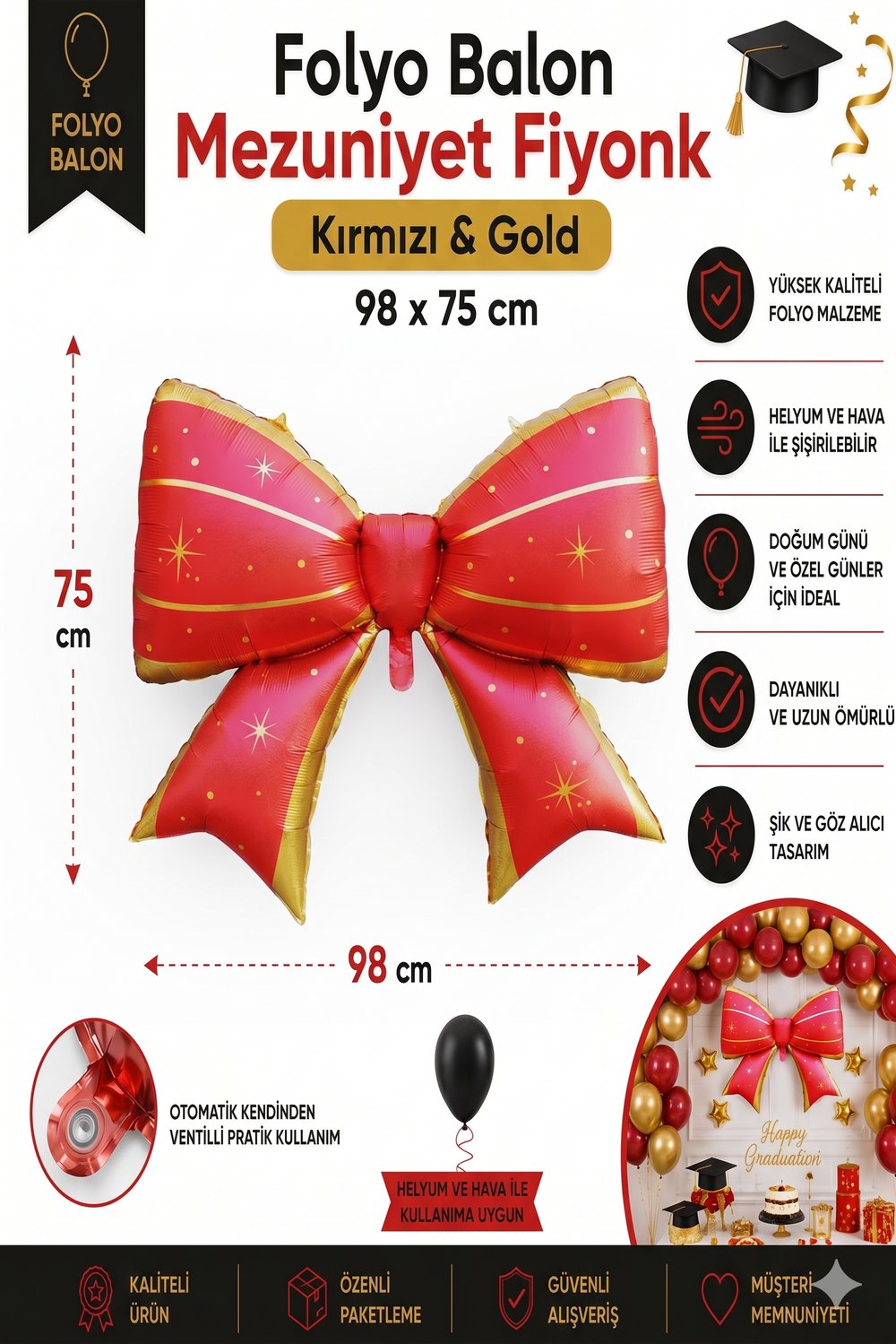 Folyo Balon Mezuniyet Fiyonk Folyo Balon Kırmızı-gold 98*75 cm