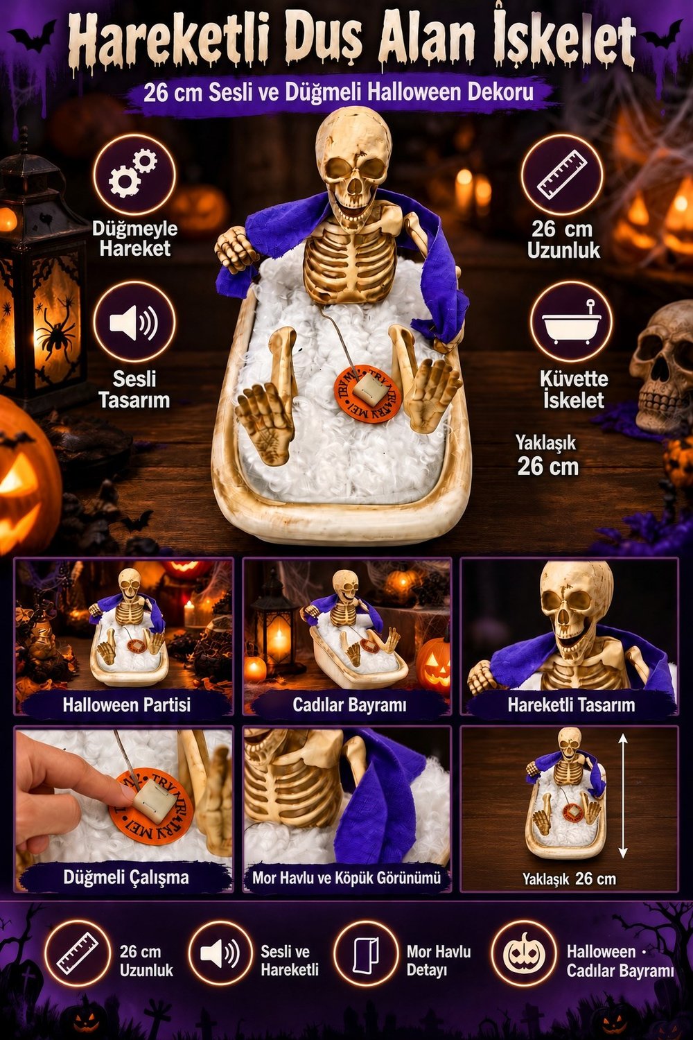 Halloween 26 cm Hareketli Duş Alan İskelet Dekoru – Düğmeli Sesli Cadılar Bayramı