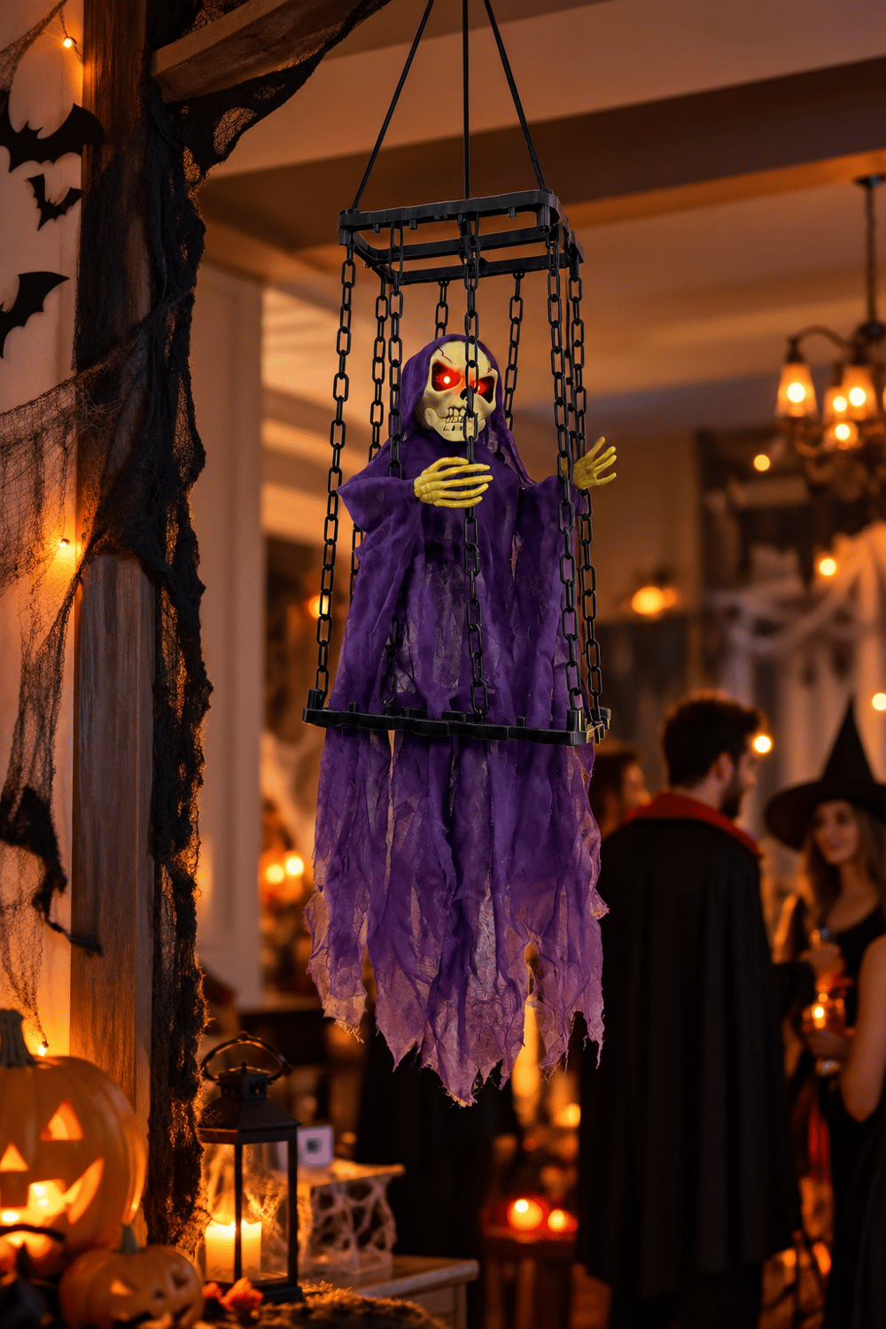 Halloween 40x22cm Sesli Titreşimli Kafesli İskelet Süsü Kırmızı Işıklı Sese Duyarlı