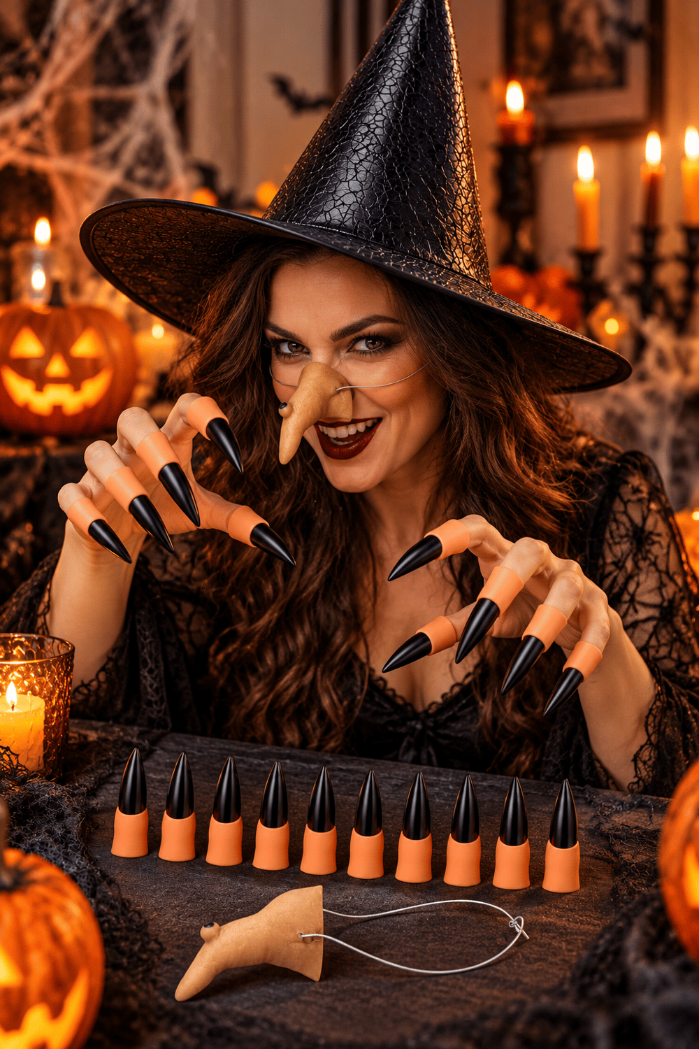 Halloween Cadı kostüm seti deri şapka+10 silikon siyah tırnak +silikon cadı burnu