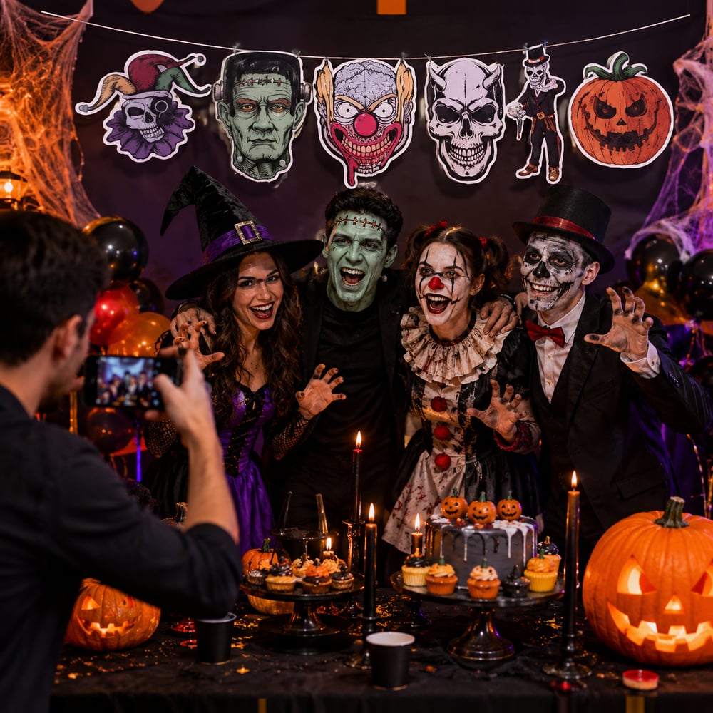 Halloween Cadılar Bayramı Banner 6lı korkunç figür Drakula, Kesikbaş, Playaço, İskelet, Balkabağı Korku Figürleri