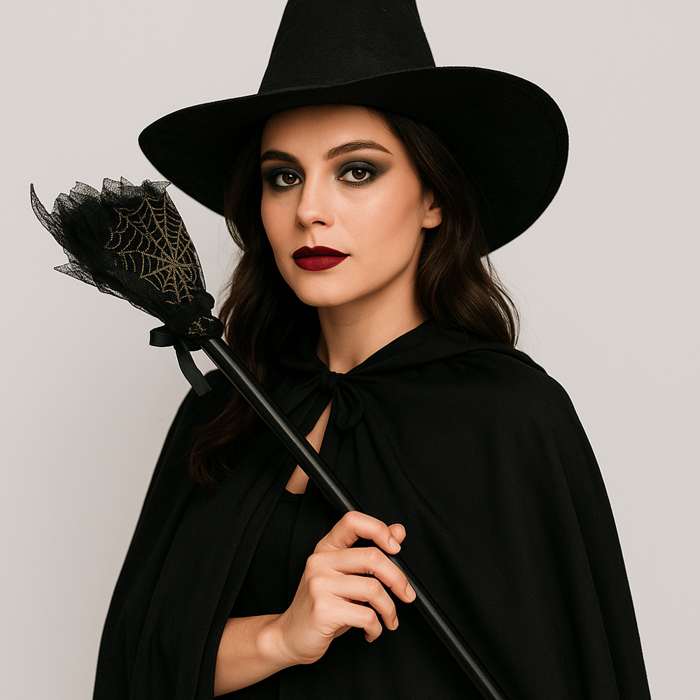 Halloween Cadılar Bayramı Cadı Süpürgesi Tüllü Siyah 90 cm Geçmeli Sopalı