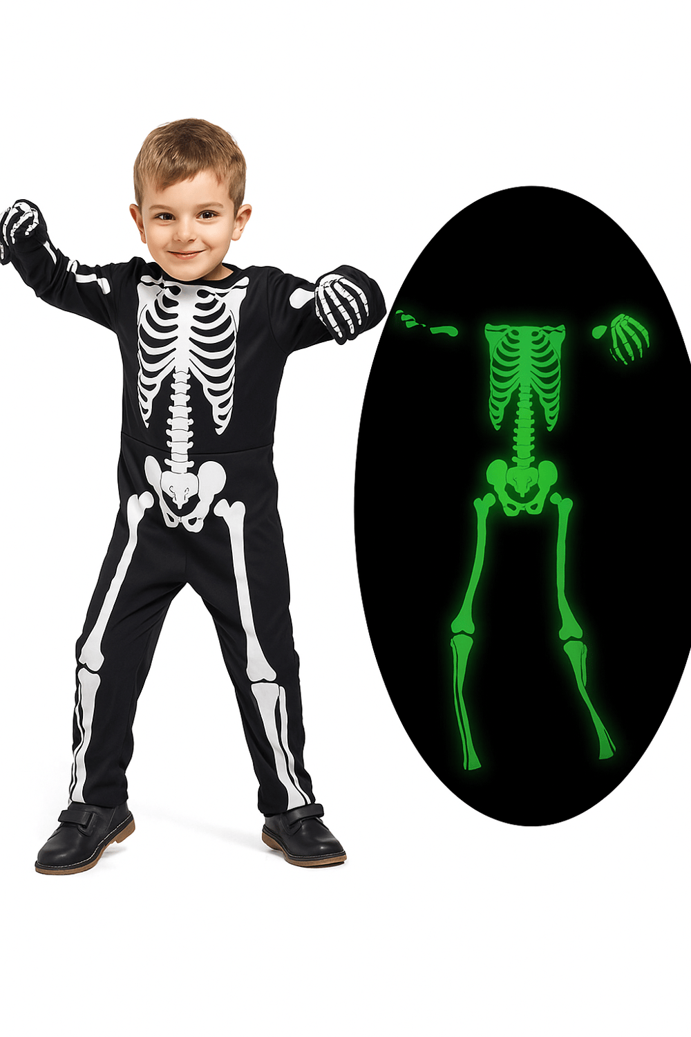 Halloween -Cadılar bayramı için  Çocuk İskelet Kostüm - Parlayan Fosforlu (3-4 Yaş, 95 cm) Korku Kostümü