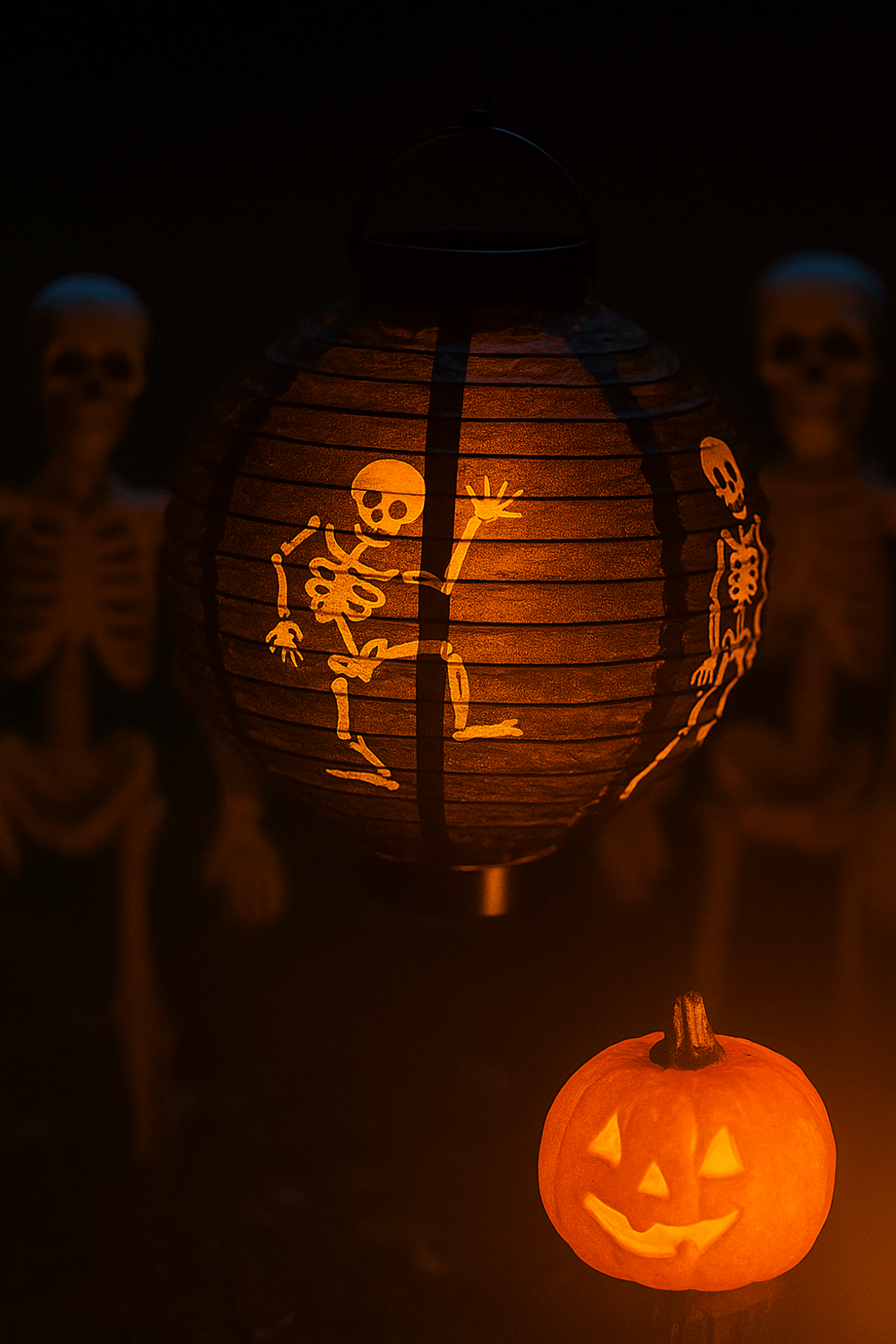 Halloween Cadılar Bayramı Japon Feneri Pilli 20 cm Siyah Renkli İskelet Desenli Korku Aksesuarı
