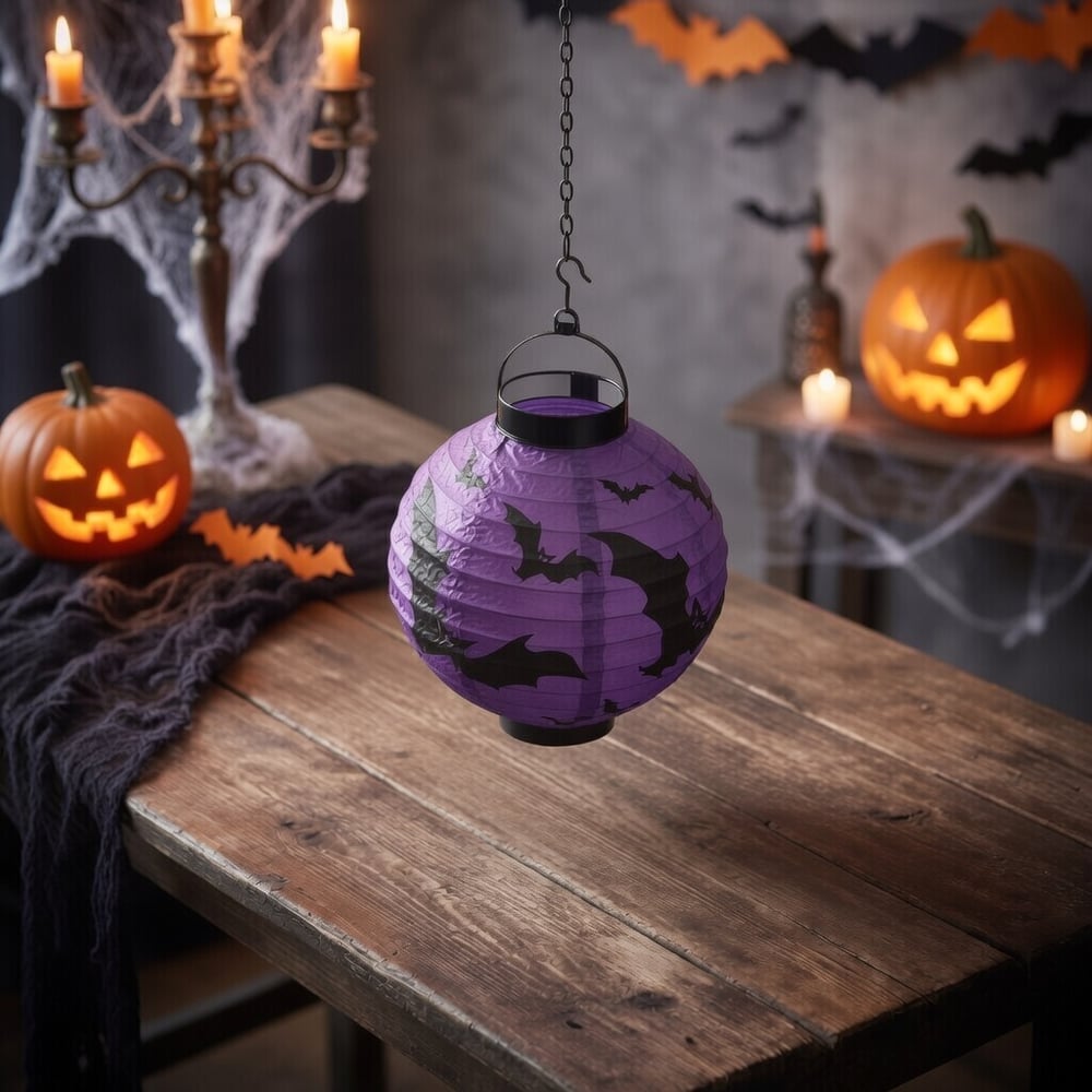 Halloween Cadılar Bayramı Japon Feneri Pilli 20 cm Mor Renk Yarasa Desenli Korku Aksesuarı