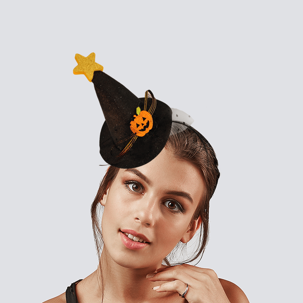 Halloween Cadılar Bayramı Siyah Simli Kumaş Uçları tül detaylı Balkabağı ve Üstte Mini Yıldızlı Cadı Şapkası Tacı