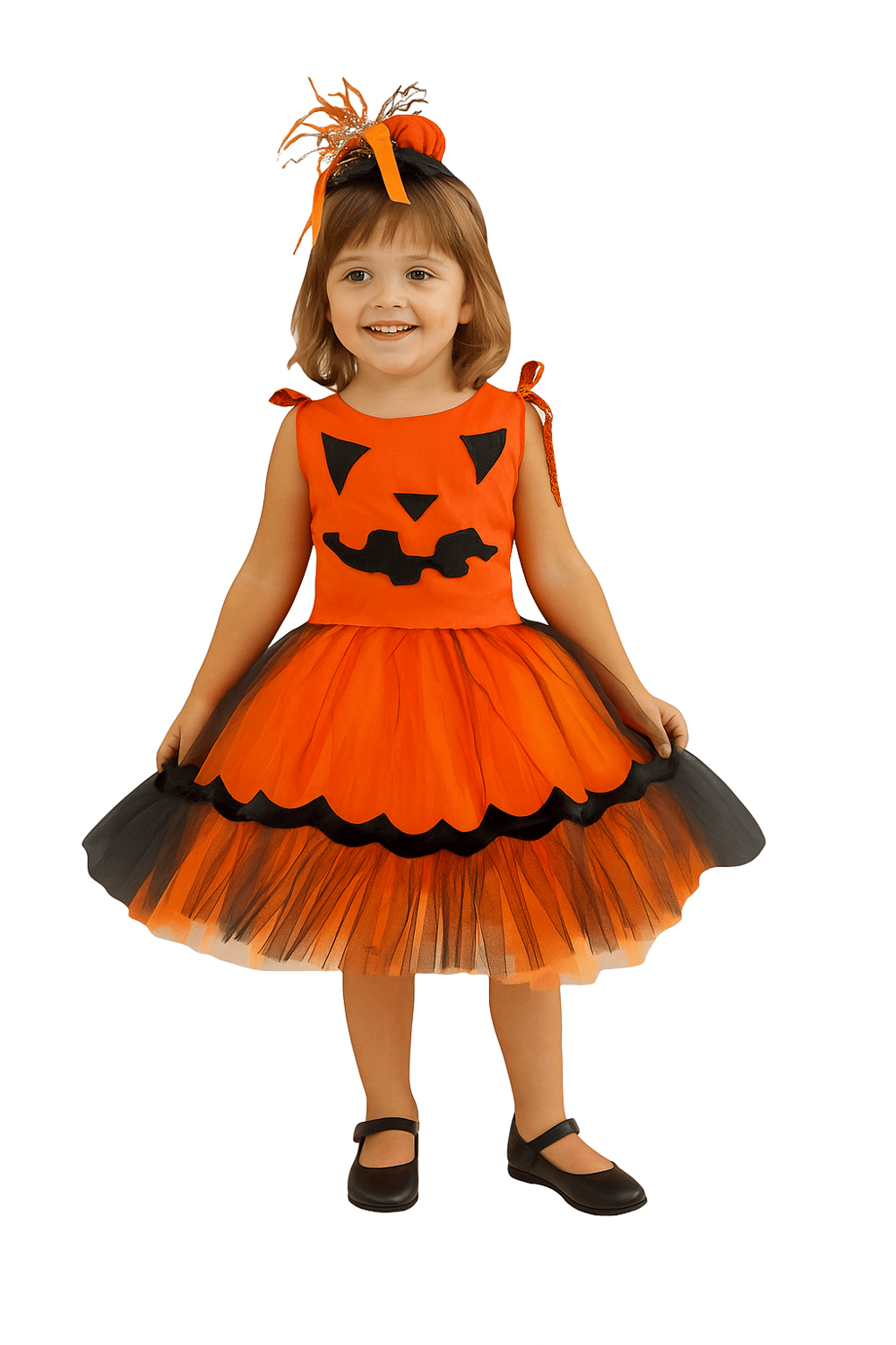 Halloween Cadılar Bayramına Özel Turuncu -Siyah Arkası Lastikli Tokalı 3-4 yaş Kız Kostümü