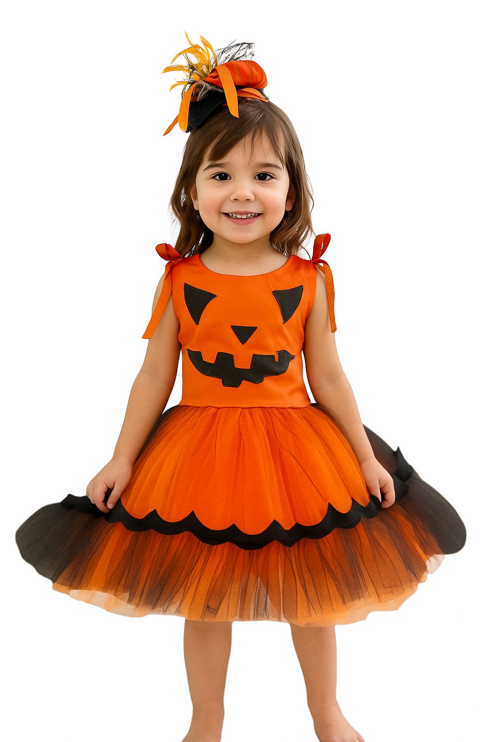 Halloween Cadılar Bayramına Özel Turuncu -Siyah Arkası Lastikli Tokalı 4-5 yaş Kız Kostümü