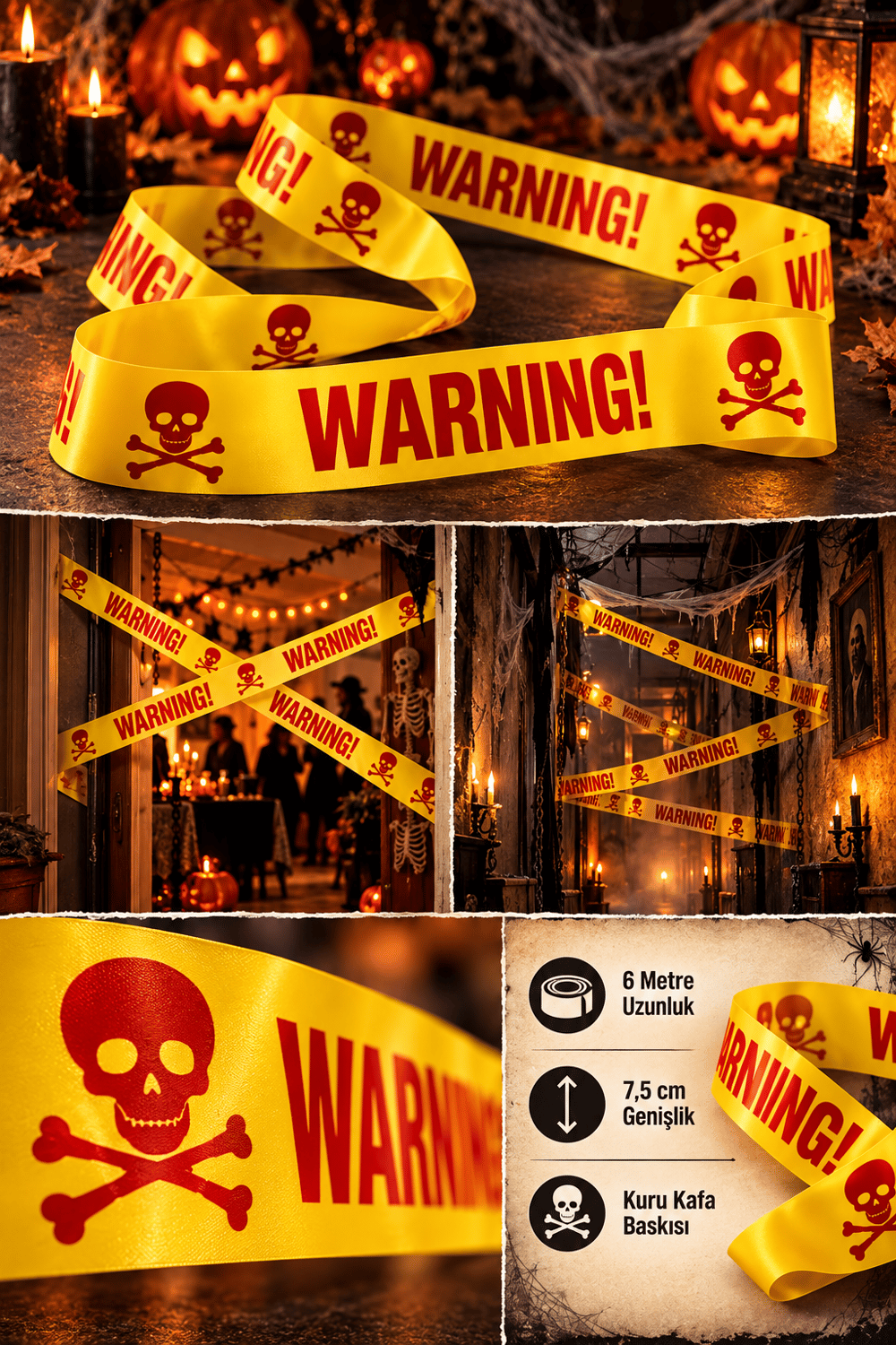 Halloween Emniyet Şeridi Kırmızı Warning 6 Metre 7.5cm en
