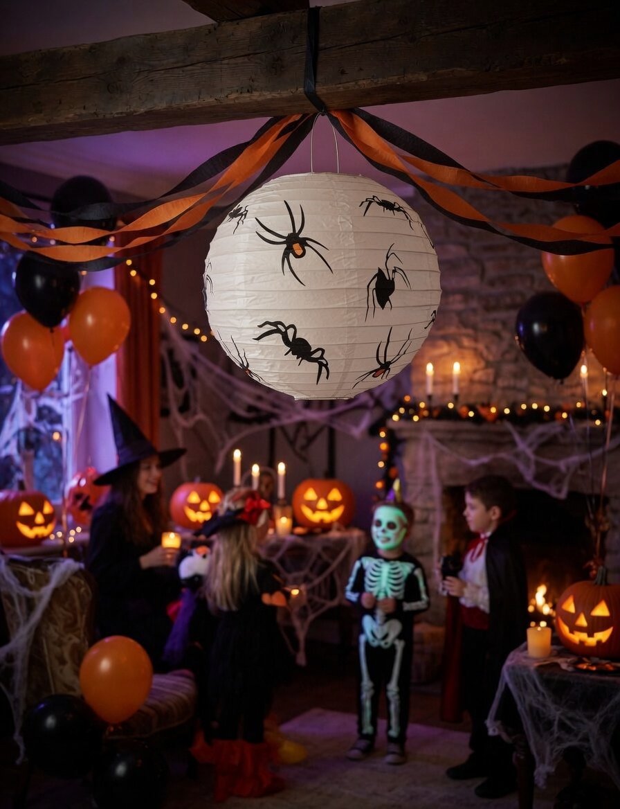 Halloween Japon Feneri 30 cm beyaz üstü örümcek