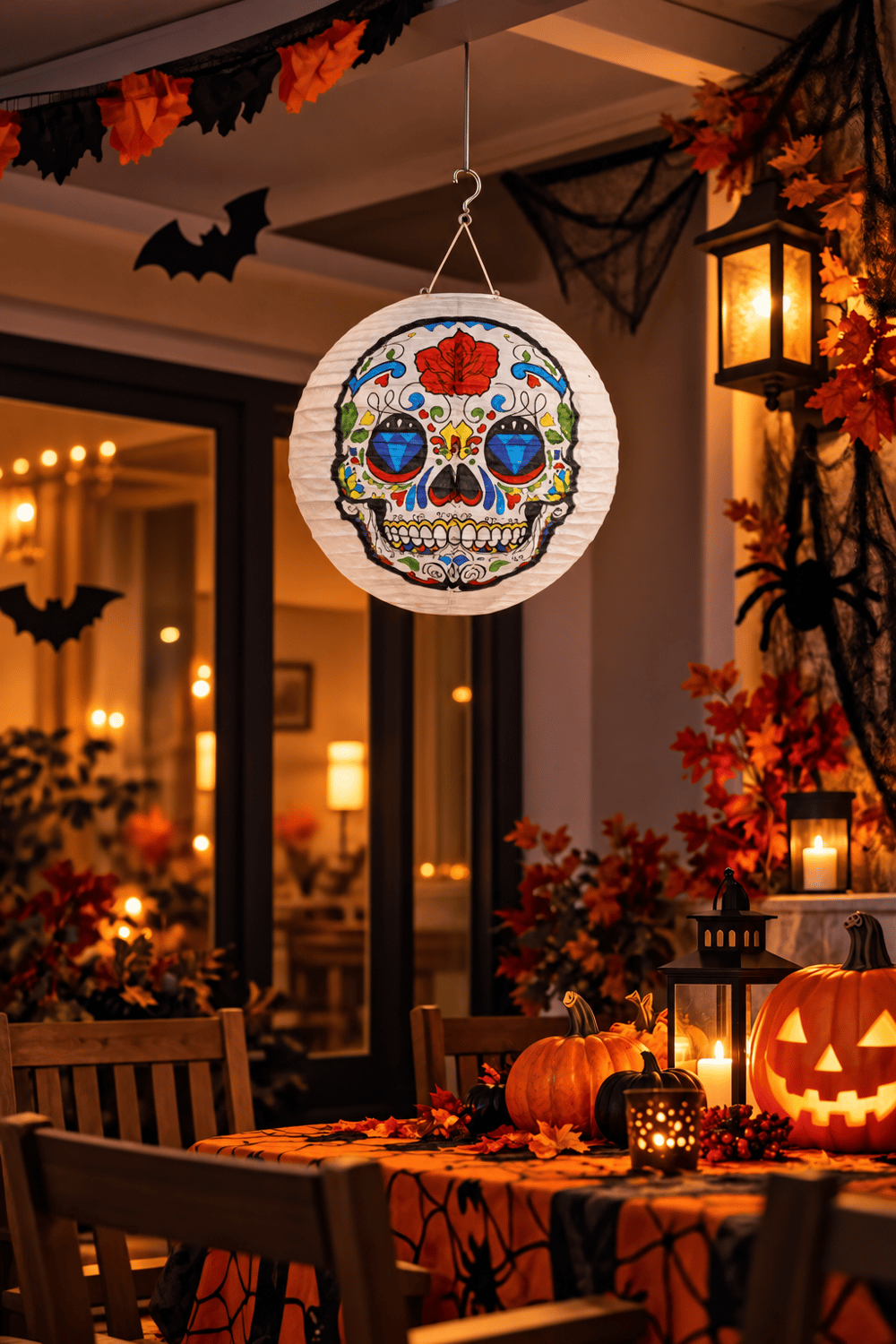 Halloween Japon feneri renkli  Kuru Kafa Desenli Kağıt Fener Süsü