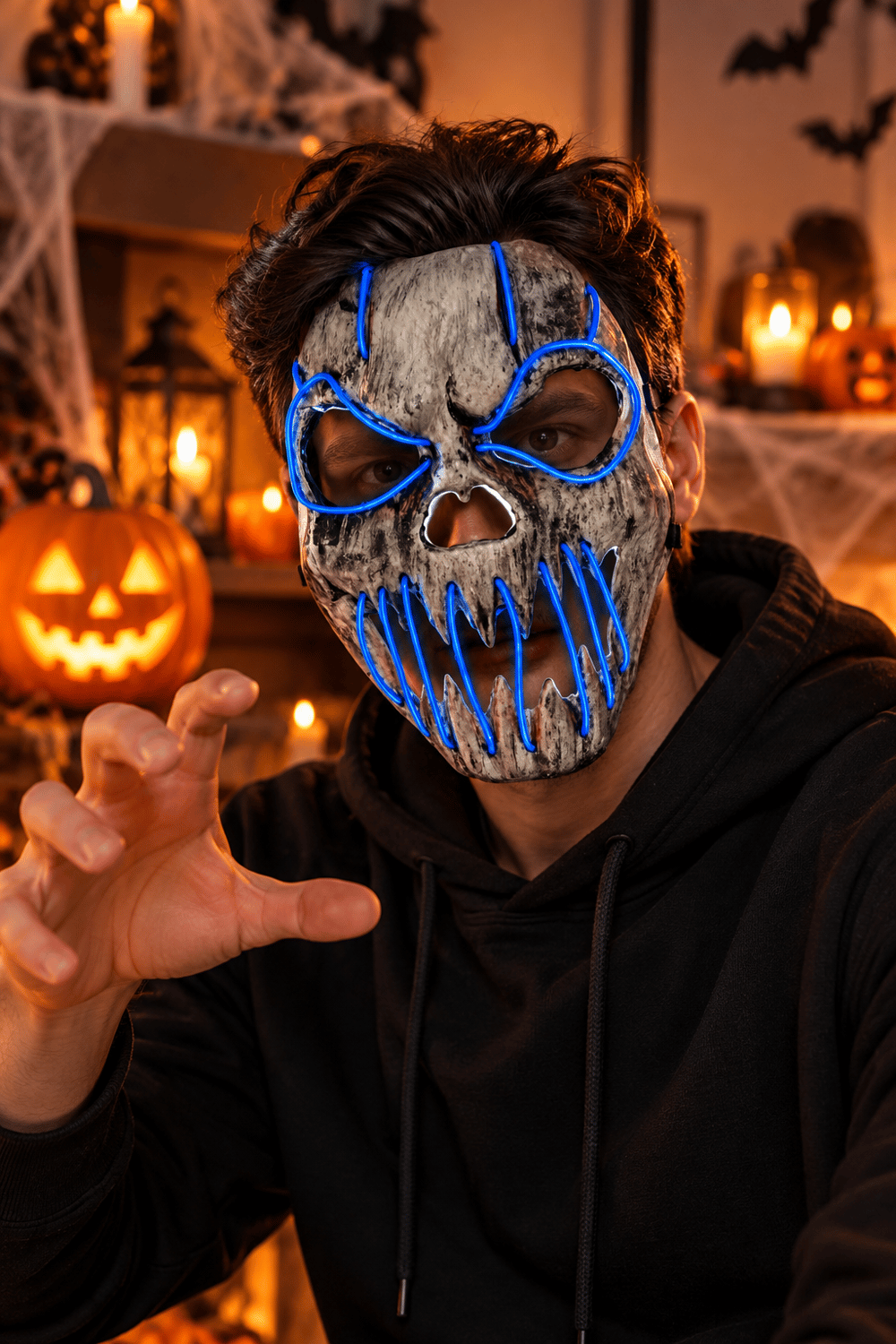 Halloween Maske Fosforlu MAVİ Kuru kafa iskelet Işıklı 23CM