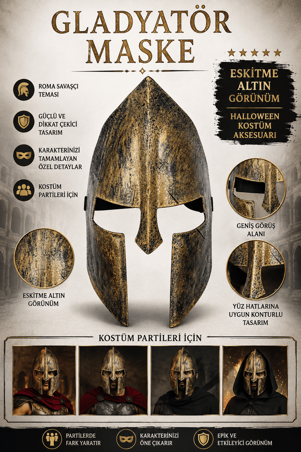 Halloween Maske Gladyatör Eskitme Altın