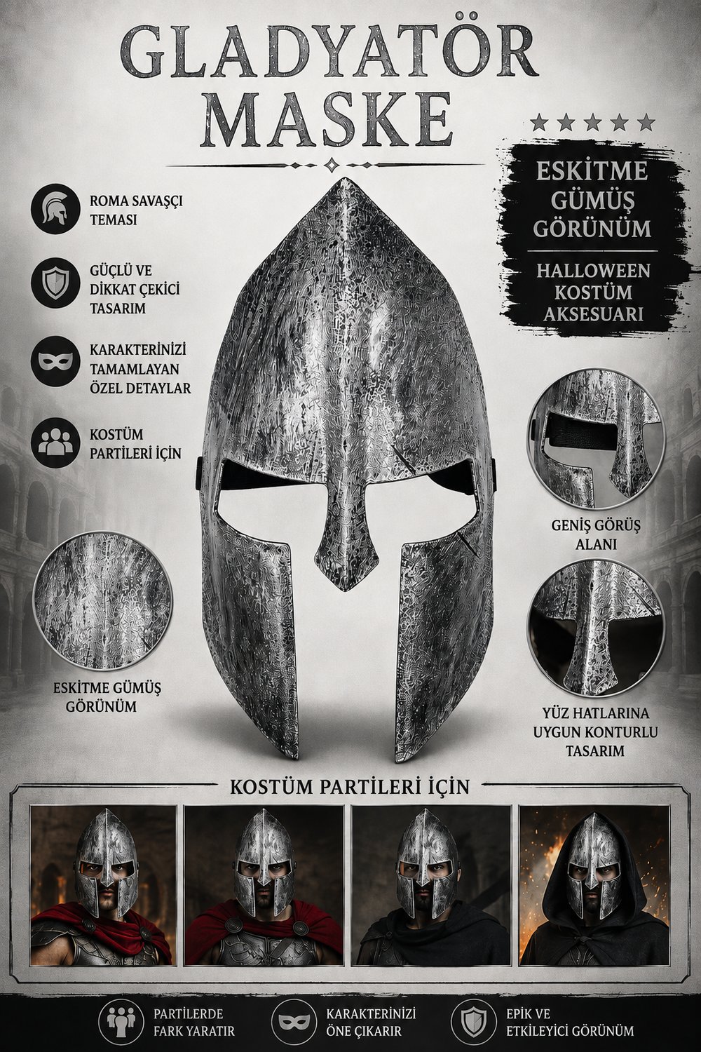 Halloween Maske Gladyatör Eskitme Gümüş