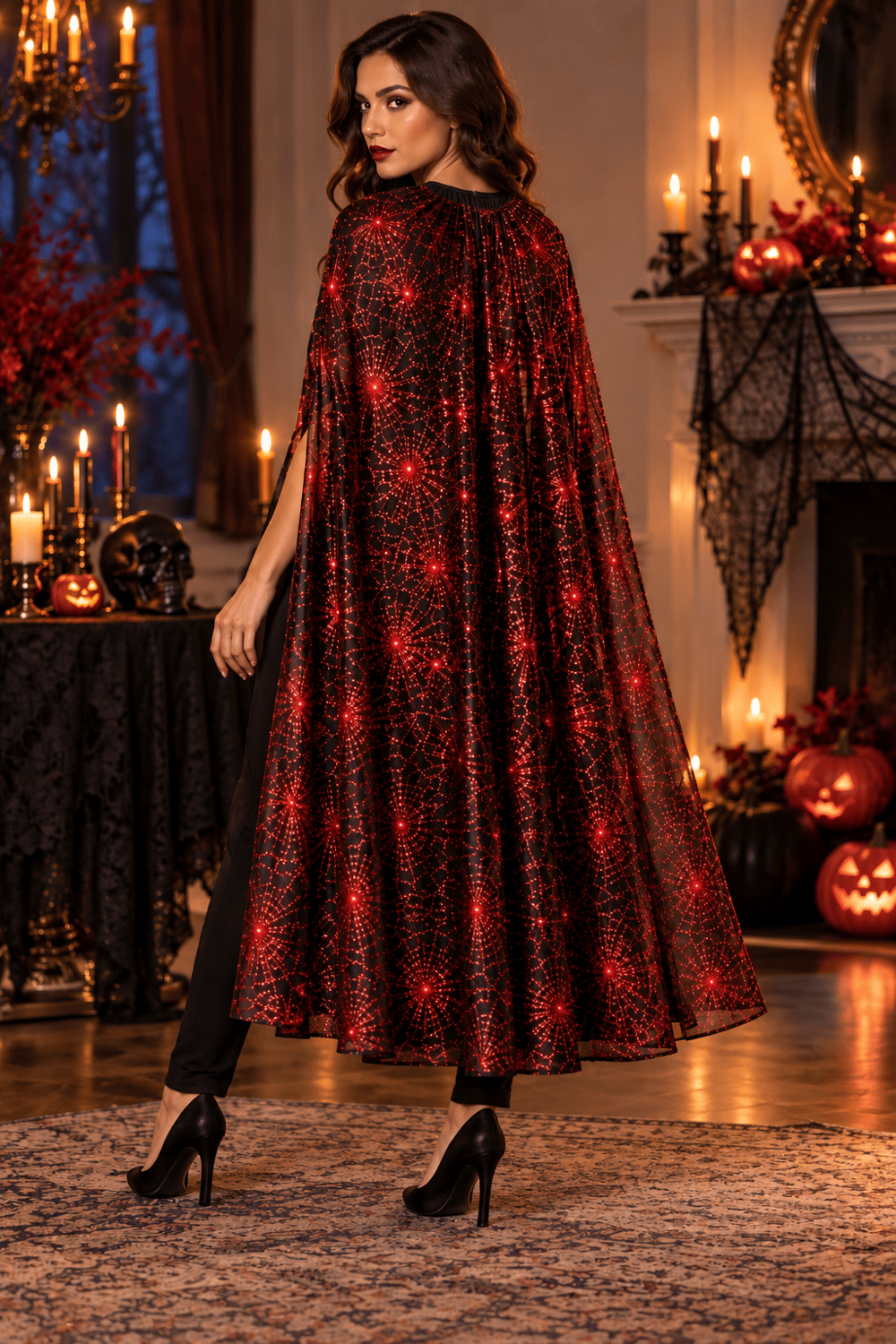 Halloween Pelerin KIRMIZI Örümcek Ağı Desenli  130 Cm Cadı Kostüm Yetişkin- Çocuk