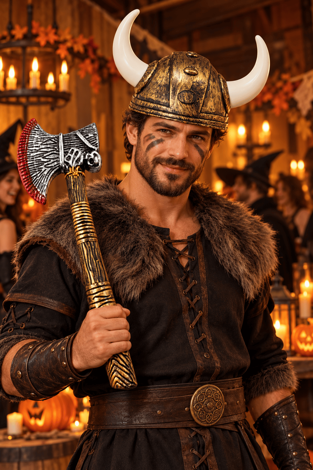 Halloween Viking Kanlı Balta ve Viking çift boynuzlu gold miğferi