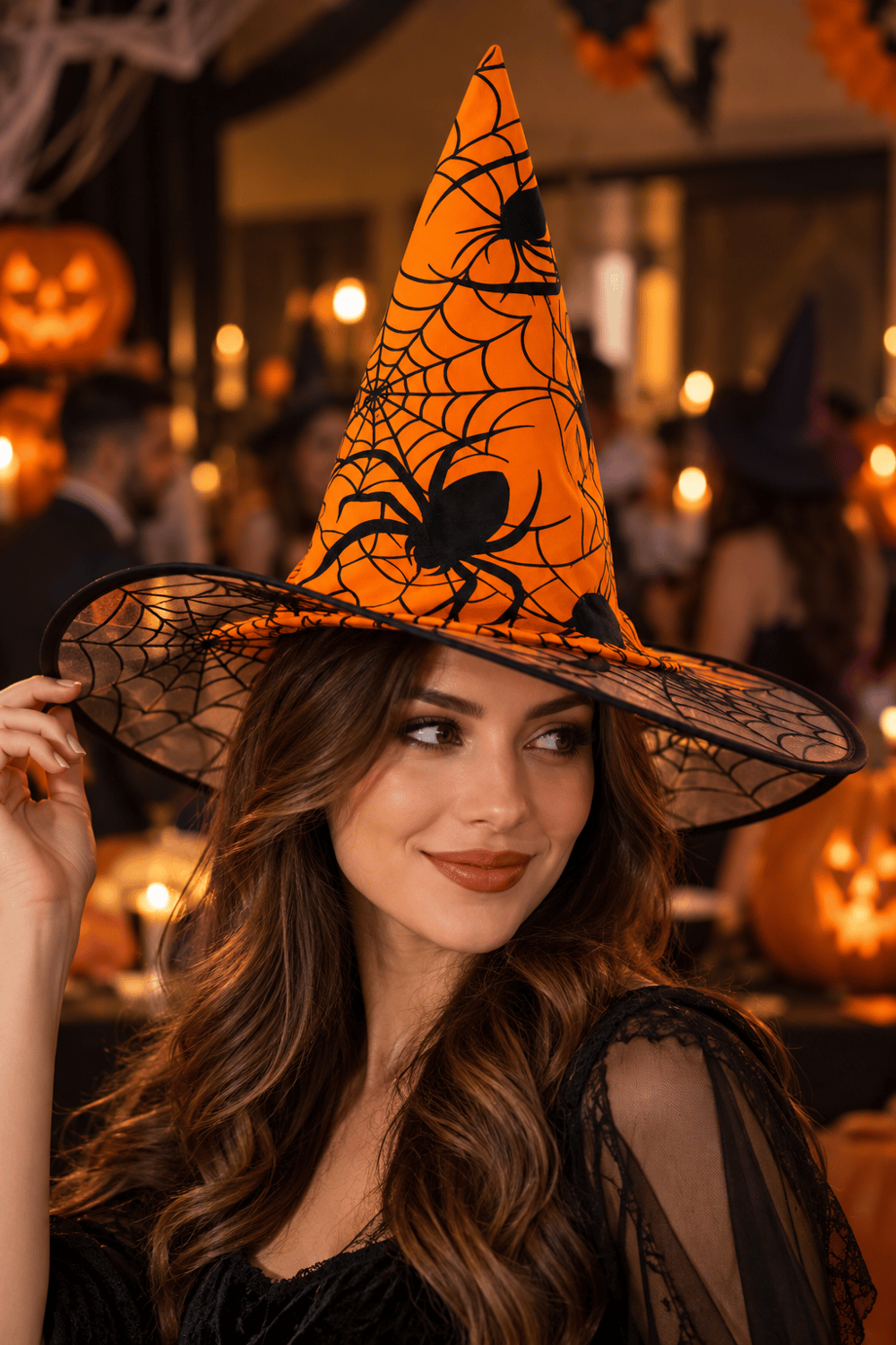 Hallowen cadı şapkası Turuncu Dev Örümcek Desenli