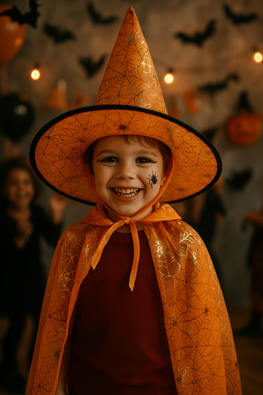 Hallowen Cadılar Bayramı Çocuk Pelerin ve Şapka Seti Turuncu Örümcek Ağlı Desenli