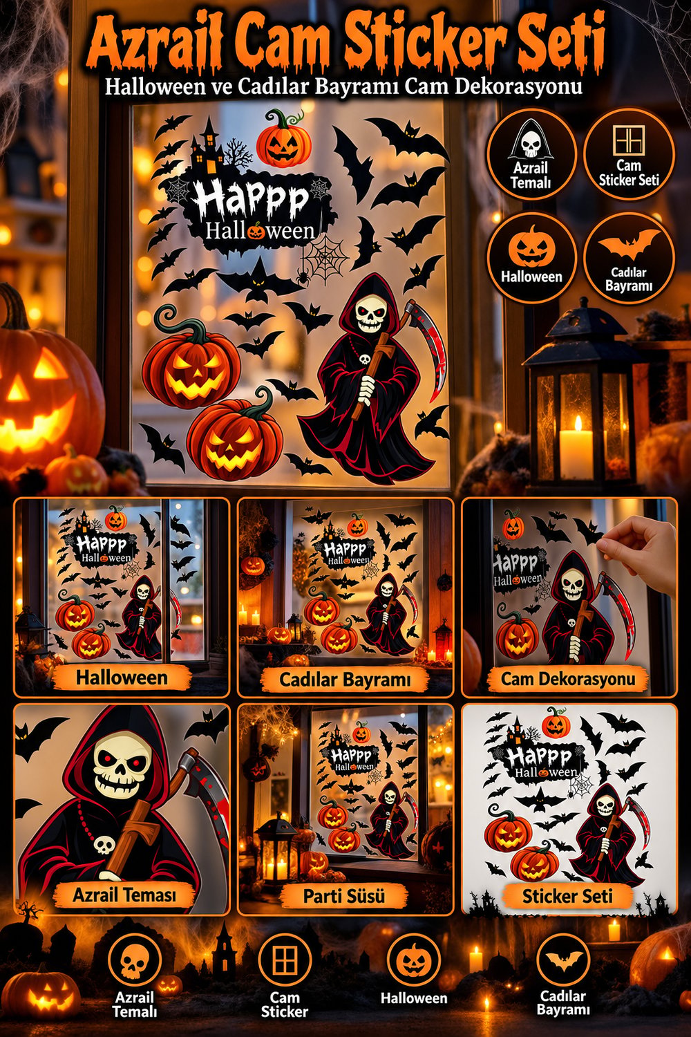 Hallowen cam stickers Cadılar Bayramı Cam Sticker Seti Azrail