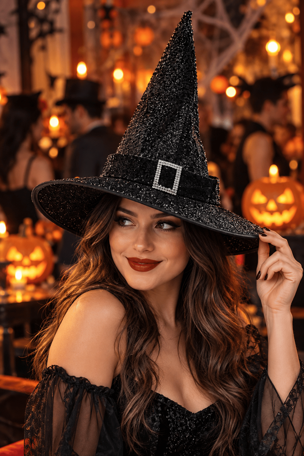 Hallowen Siyah Simli Cadı Şapkası Tokalı Kemerli 32CM cadılar bayramı