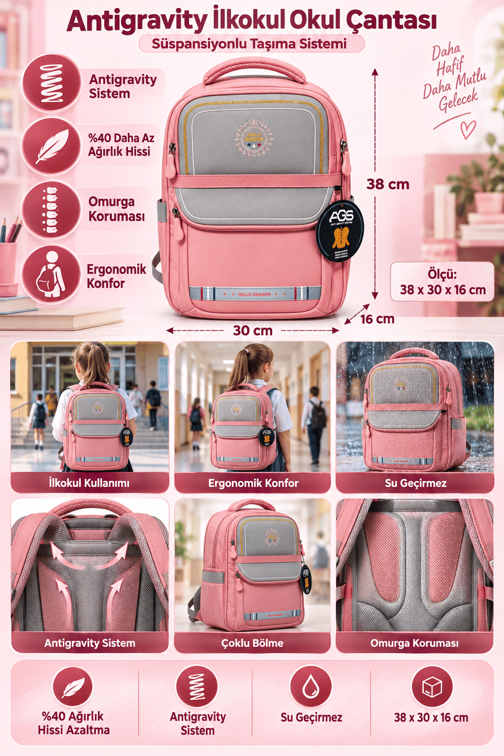 Hello Dragon Okul Çantası Model 15 Pembe CN0039