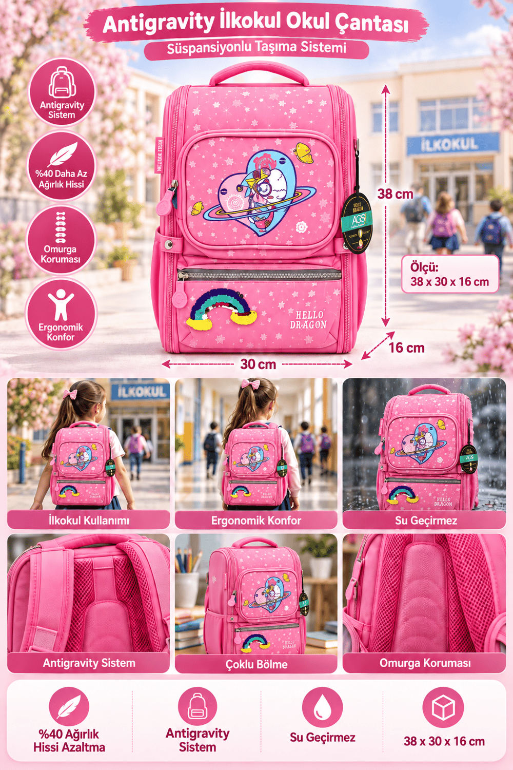 Hello Dragon Okul Çantası Model 18 Pembe CN0045