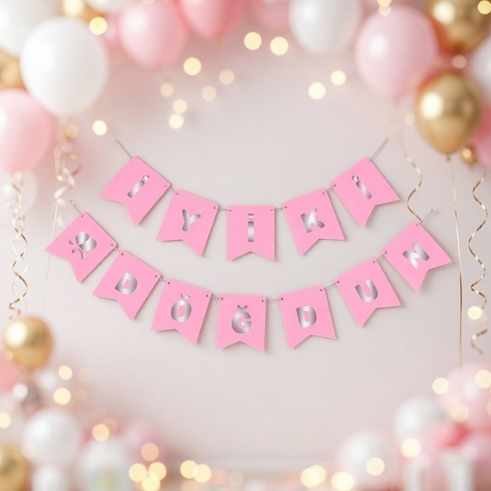 İyiki Doğdun banner PEMBE üstü GÜMÜŞ yazı flama