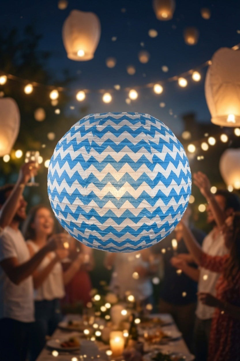 Japon Feneri Zigzag Desenli Kağıt Fener Mavi 30 cm