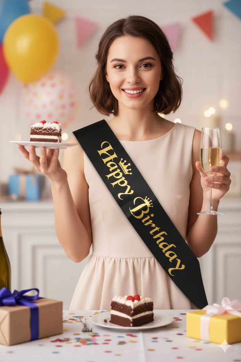 Kuşak Saten Happy Birthday Siyah Üzeri Altın Baskı
