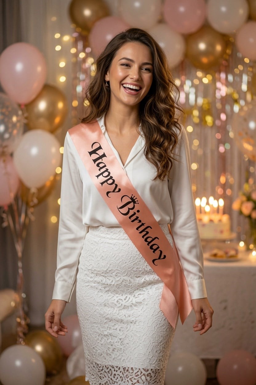 Kuşak Saten Happy Birthday Somon Üzeri Siyah Baskı