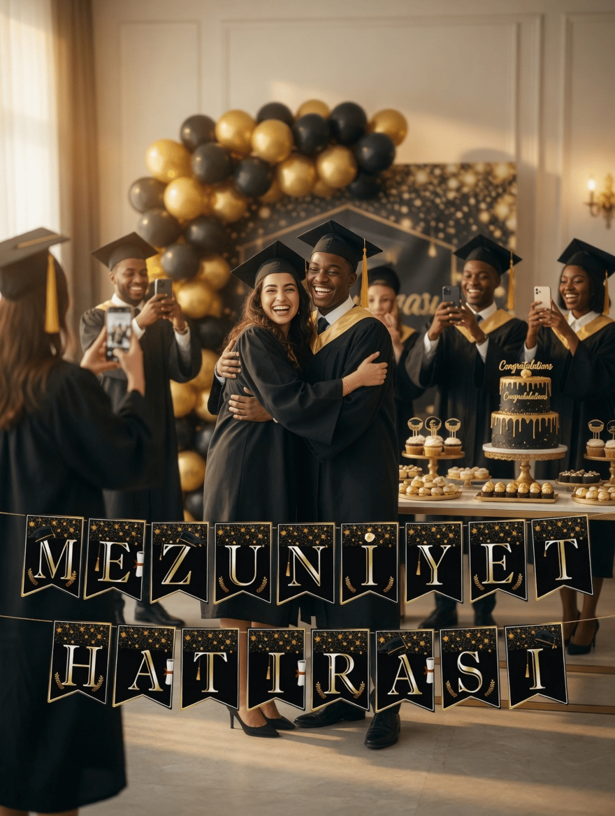 Mezuniyet Hatırası Banner Siyah Gold 17x170 ipli