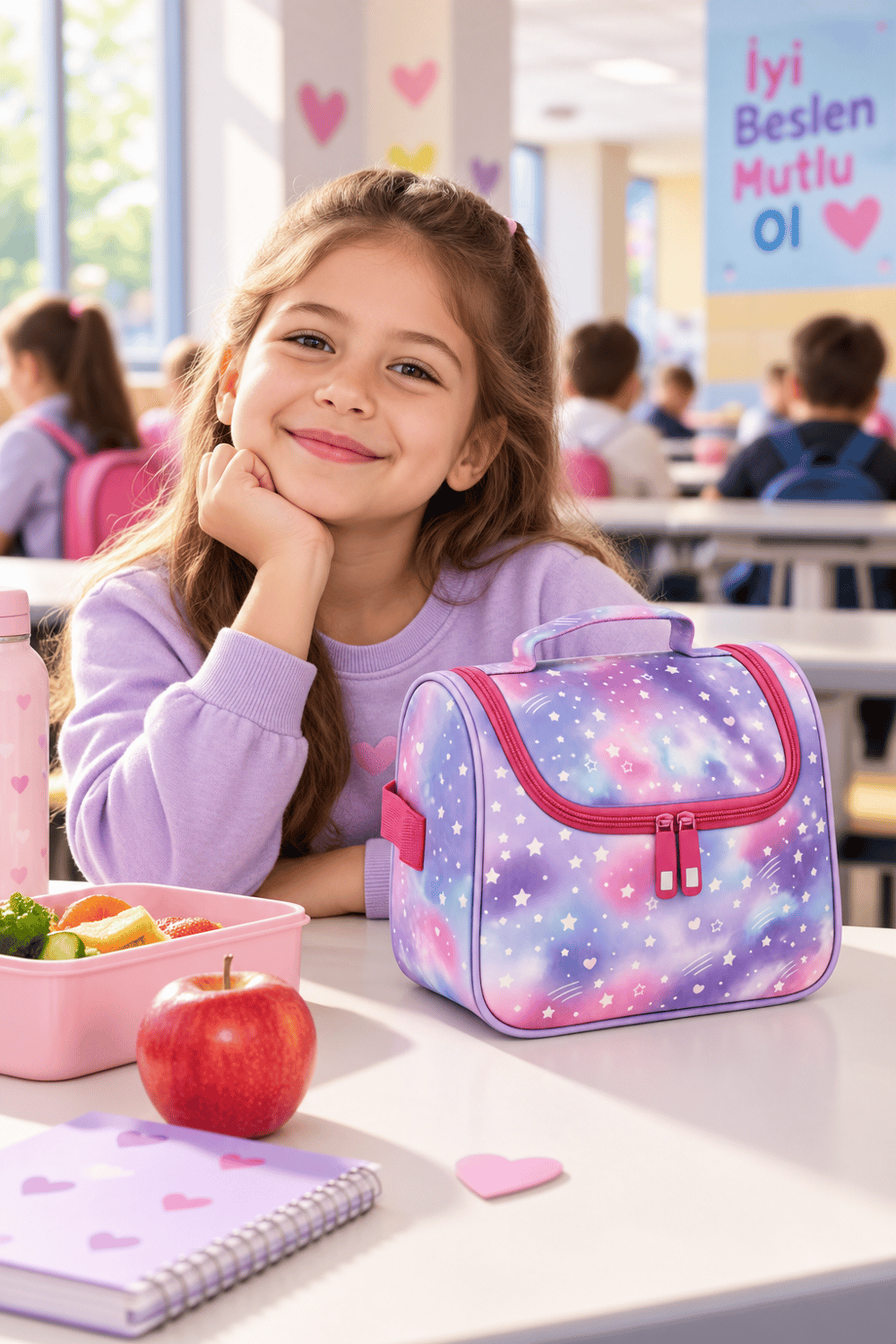 Minik Kalp Temalı Termal Isı Yalıtımlı Beslenme Çantası Çocuk Okul Lila Pembe 24x22x14 cm